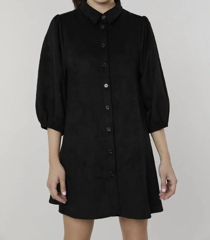 Everywhere Leather Dress With Puff Sleeves In Black Suede Women's Clothes For The Office