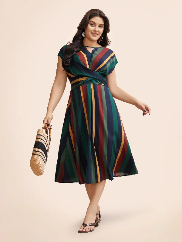 Striped Crossover Shirred Cap Sleeve Dress Women's Holiday Clothes