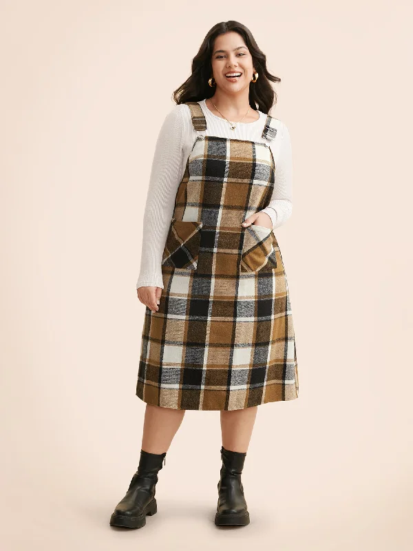 Plaid Patch Pocket Overall Dress Clothes Of Woman