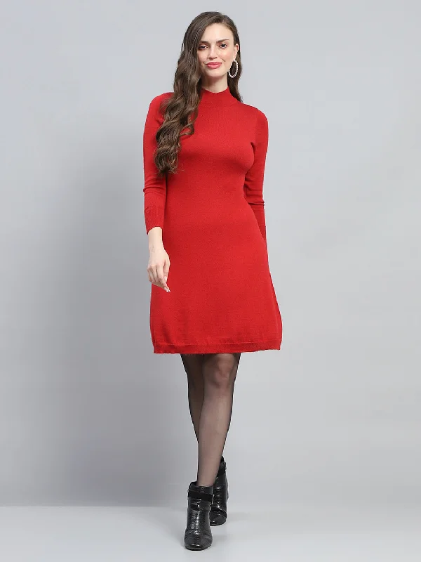 Women Red Solid Round Neck Full Sleeve Dress Women's Trendy Clothing