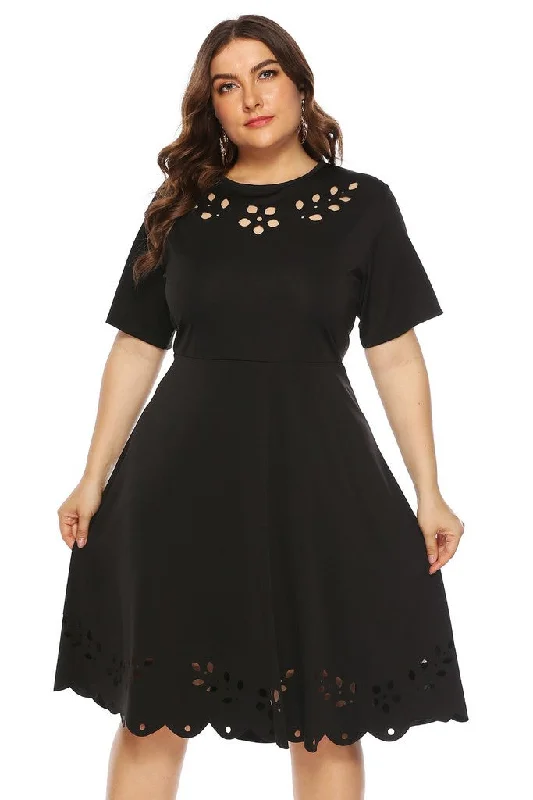 Black Office A-line Crewneck Short Sleeve Knee Dress Trendy Boutiques Online