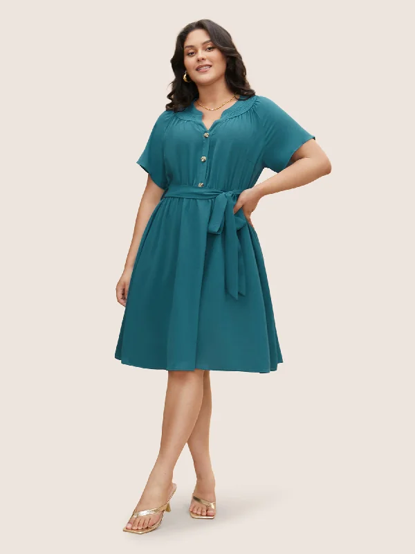 Shirred Notched Button Up Belted Dress End Of Season Sale Clothing