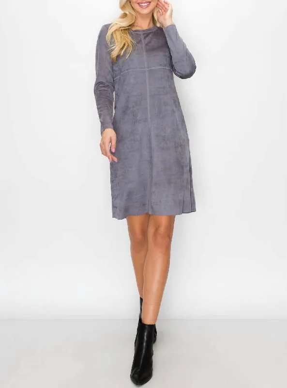 Aurora Suede Round Neck Dress In Charcoal Flash Discount