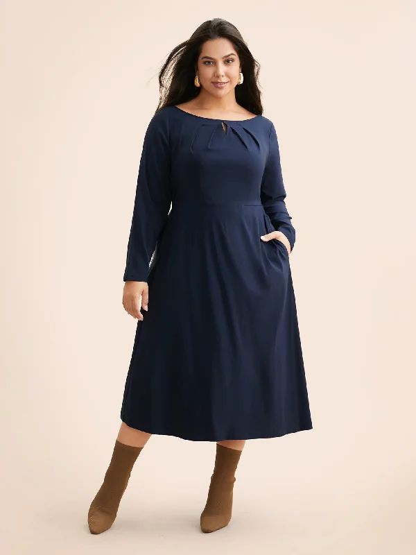 Plain Keyhole Pleated Shirred Dress End of Season Sale