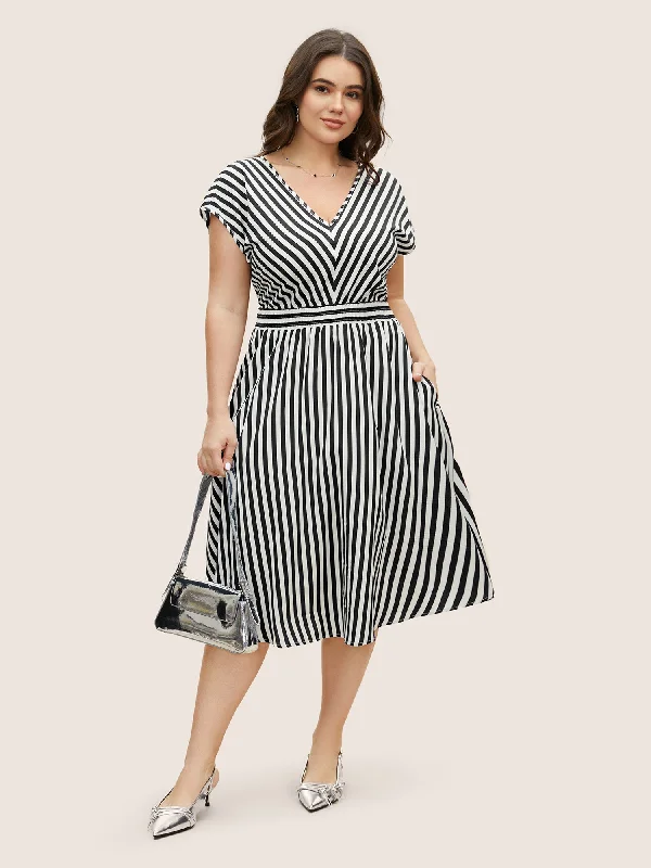 Striped Shirred Dolman Sleeve Dress Chic Women's Clothing