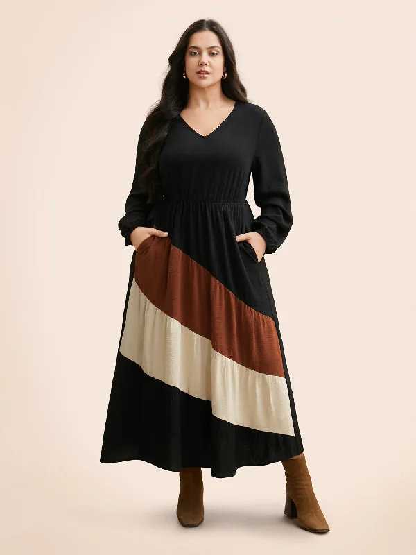 Colorblock Contrast Gathered Lantern Sleeve Dress Contemporary Women's Clothing