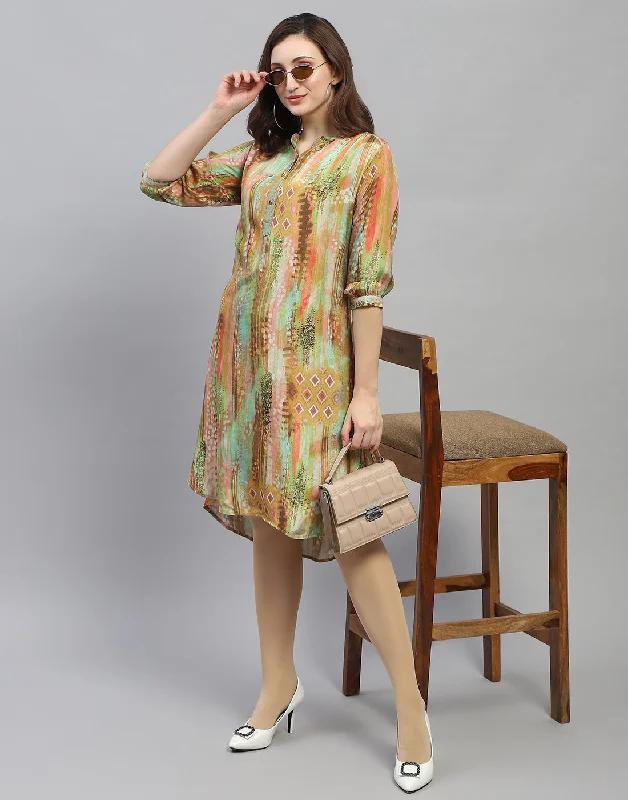 Women Multicolor Printed Band Collar 3/4 Sleeve Dress Women's Clothing With Trendy Designs