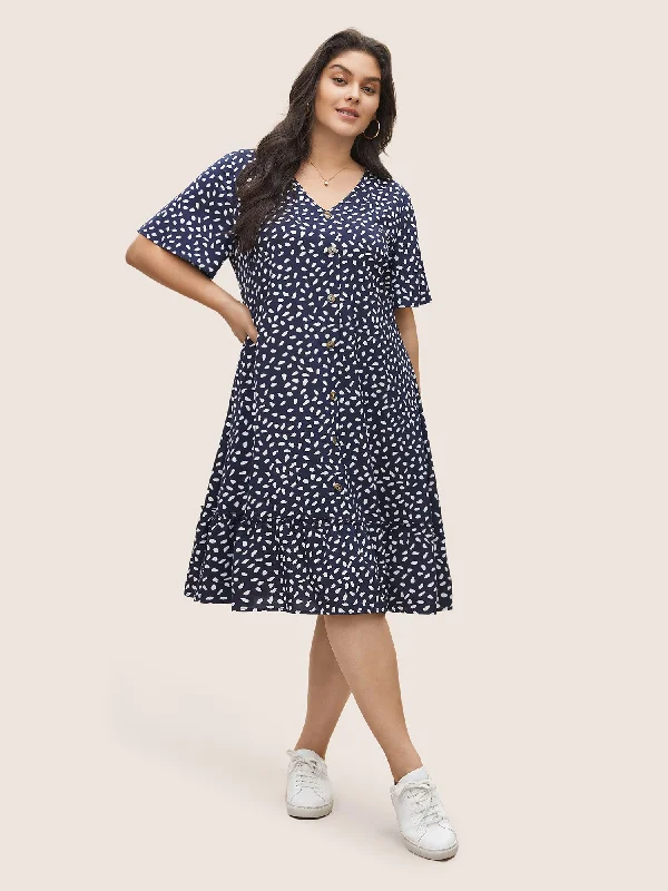 Polka Dot Button Detail Flutter Layered Hem Dress Rocker Chic Fashion