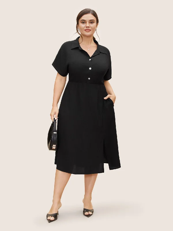 Shirt Collar Button Detail Split Front Dress Women's Vintage Garments