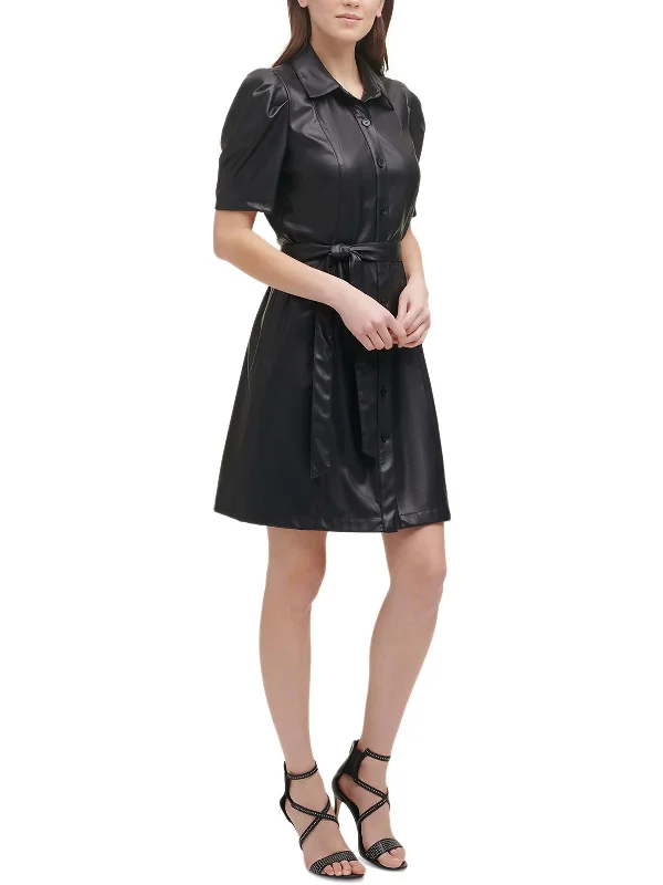 Petites Womens Faux Leather Belted Shirtdress Women's Apparel And Garments