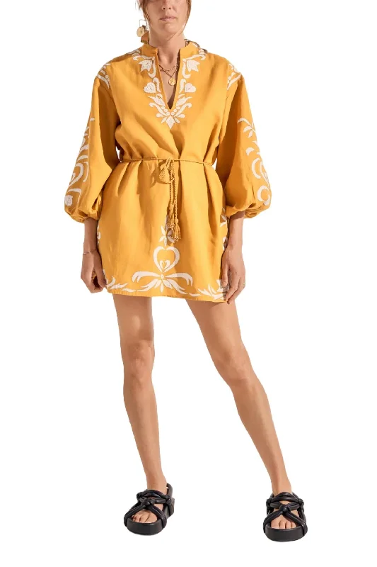 Hesiode Dress In Golden Yellow Appliqué Women's Evening Wear