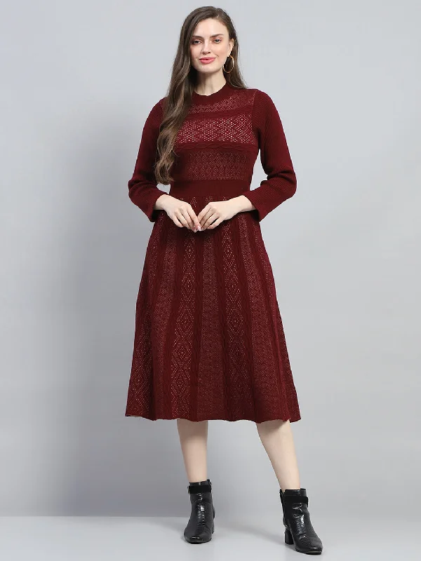 Women Maroon Self Design Round Neck Full Sleeve Dress Women's Outerwear Clothing