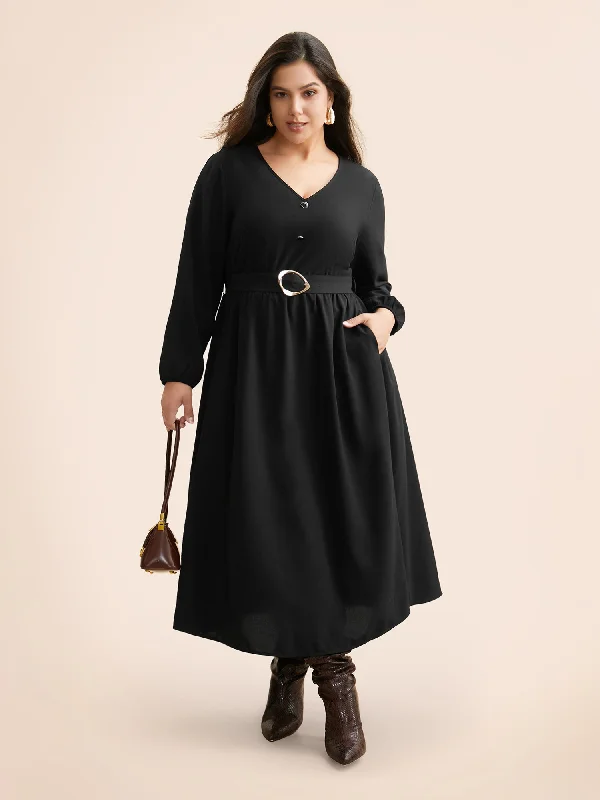 V Neck Button Detail Belted Dress Minimalist Style