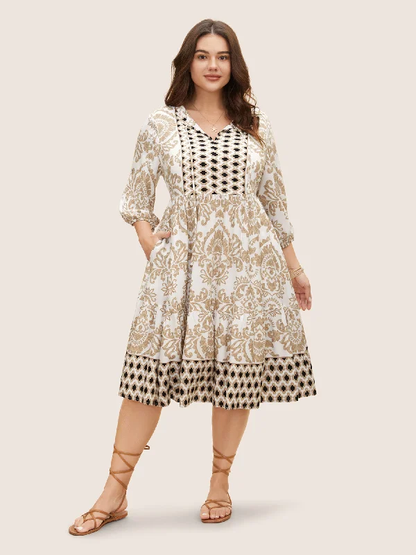 Boho Print Tie Knot Lantern Sleeve Dress Women's Elegant Formal Outfit