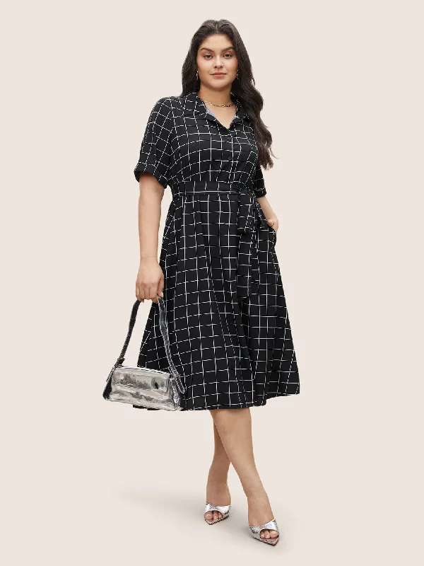 Plaid Belted Shirt Collar Cuffed Sleeve Dress Women Apparel