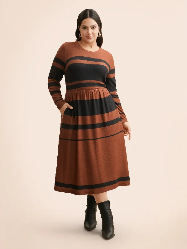 Crew Neck Striped Patchwork Elastic Waist Dress Flash Discount