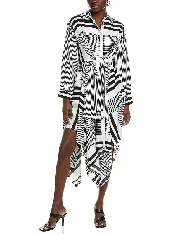 Gracia Contrast Stripes Front-Tie Asymmetrical Hem Shirtdress Unique Women's Fashion Pieces