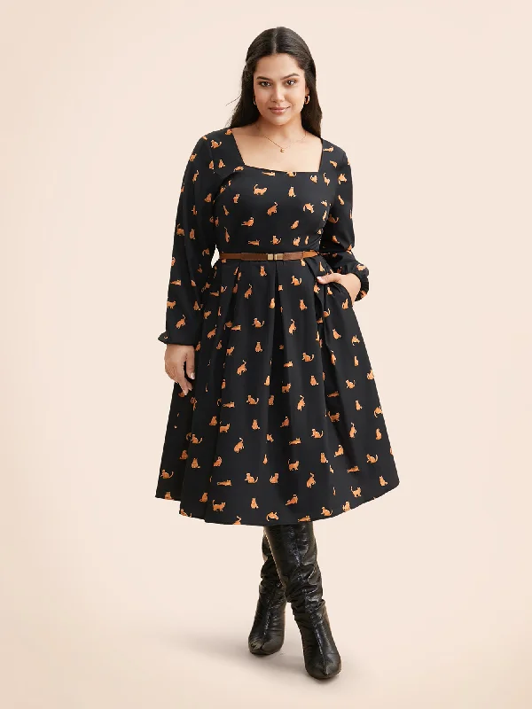 Square Neck Cat Print Pleated Dress Women's Occasion Wear Clothing