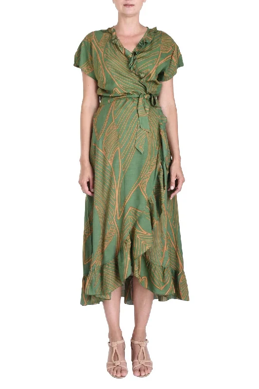 PM Long Wrap Dress With Frill  Vert Fonce Women's Fashionable Attire For Work