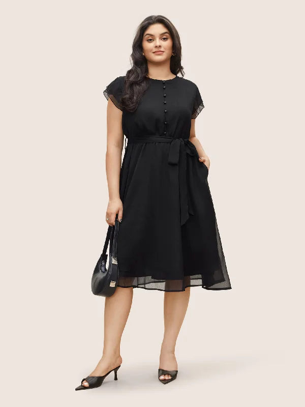 Solid Mesh Belted Ruffle Cap Sleeve Dress Women's Seasonal Wardrobe Clothing