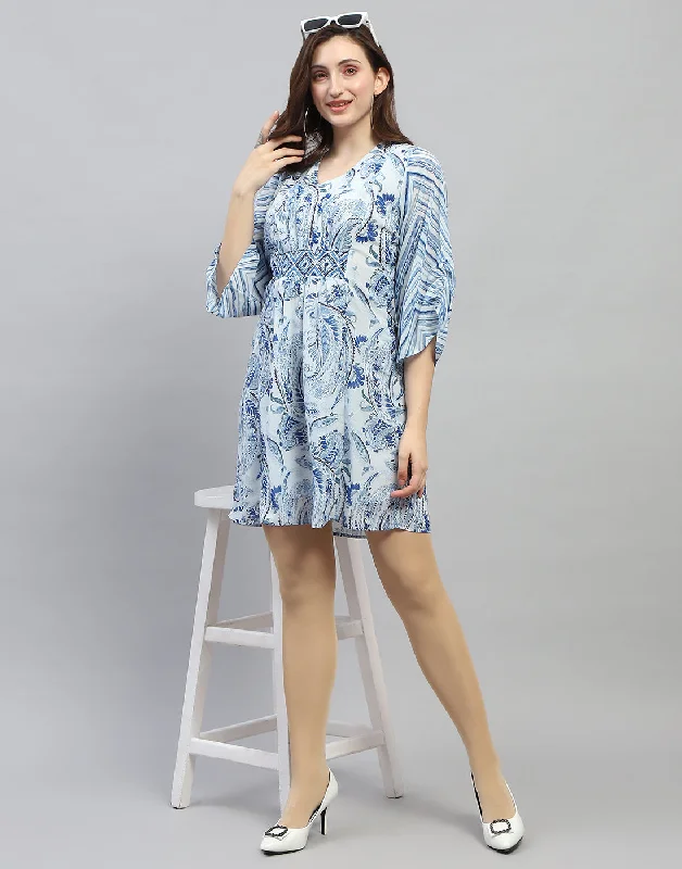 Women Sky Blue Printed V Neck 3/4 Sleeve Dress Tailored Clothing For Women