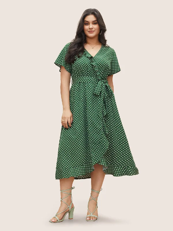 Polka Dot Flutter Trim Belted Overlap Collar Dress Minimalist Style