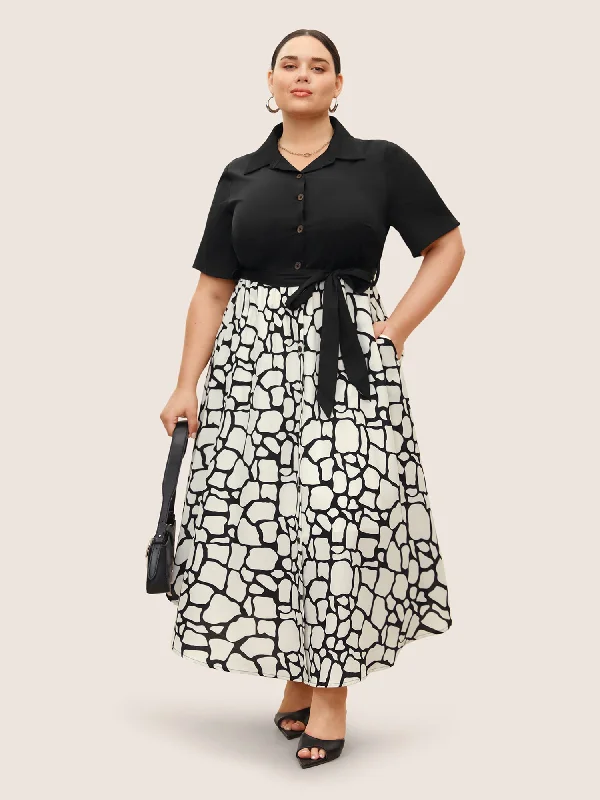 Geometric Patchwork Button Up Belted Dress Clothing Sales