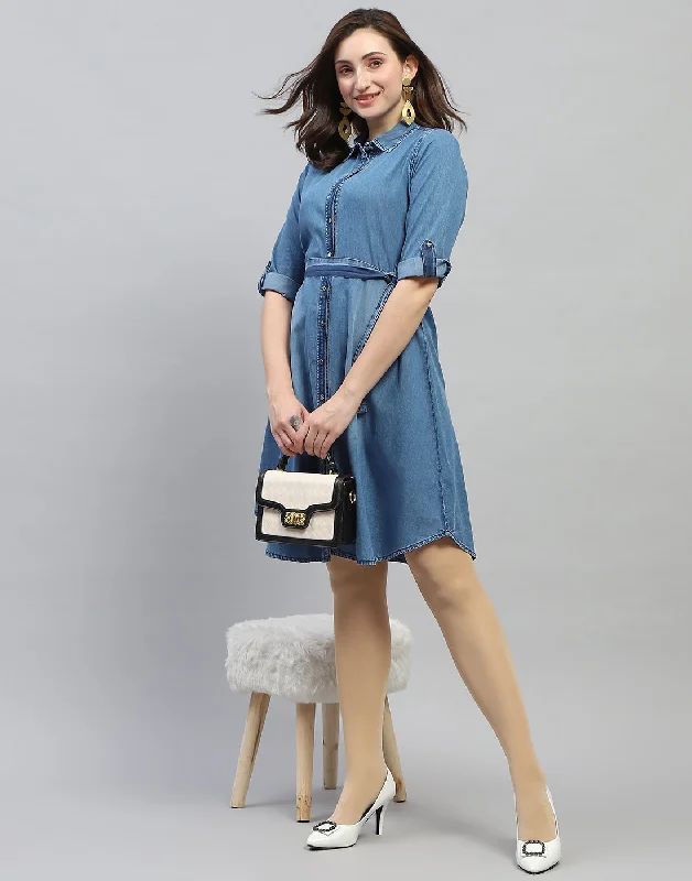 Women Blue Solid Collar Neck 3/4 Sleeve Dress Classic Women's Clothing Styles