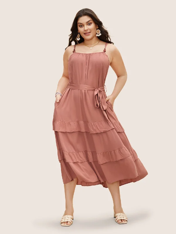 Solid Ruffle Layered Hem Cami Dress Women's Professional Attire