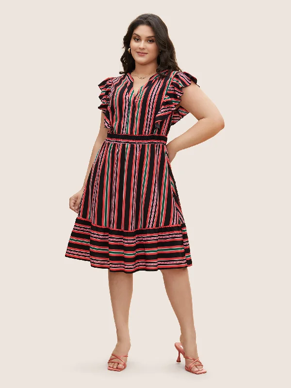 Contrast Striped Ruffle Cap Sleeve Dress Sale Clothes Online