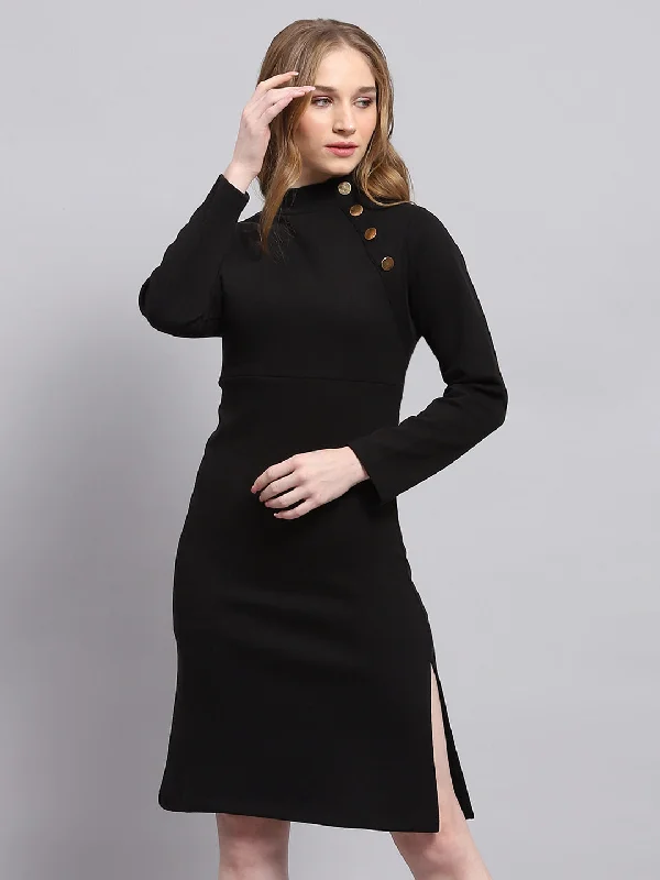 Women Black Solid Mock Neck Full Sleeve Dress Plus-Size Women's Clothing