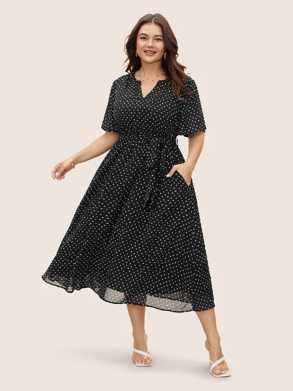 Chiffon Polka Dot Ruffle Sleeve Dress Plus Size Women's Fashion and Clothing