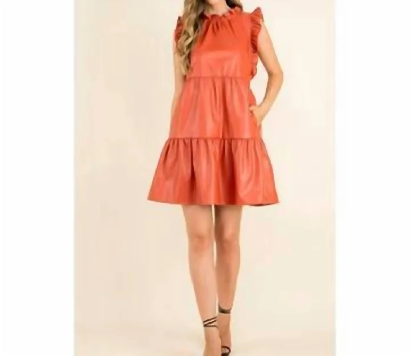 Ruffle Sleeve Vegan Tiered Dress In Burnt Orange Fashion Women's Clothing