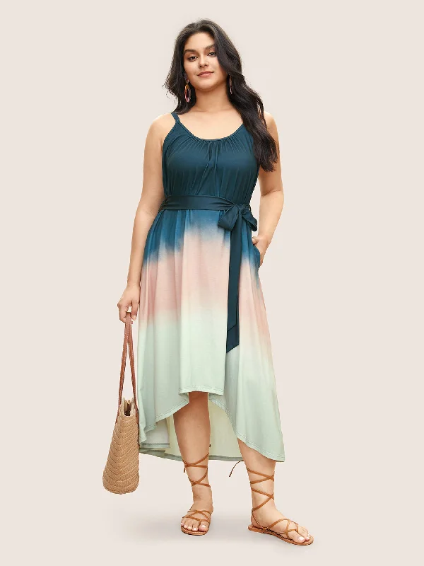 Tie Dye Belted Gathered Asymmetrical Hem Dress Chic Clothing For Women