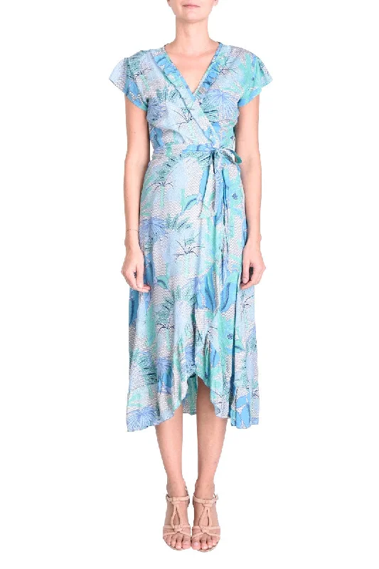 PM Long Wrap Dress With Frill  Blue Clair Women's Transitional Attire