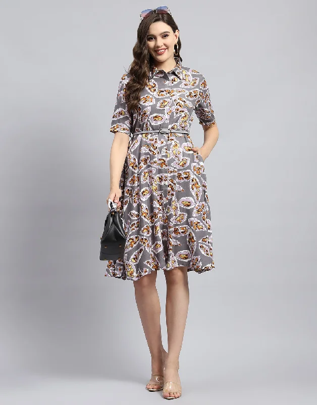 Women Grey Printed Collar Half Sleeve Dress Women's Formal Event Clothing