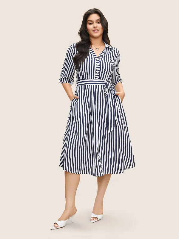 Striped Belted Shirt Collar Button Up Dress Classic Women's Clothing Styles