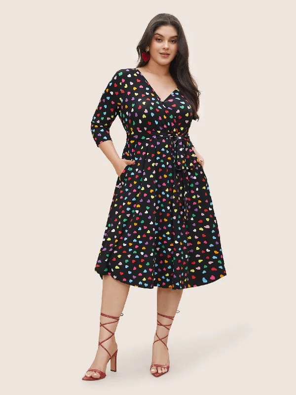 Colored Heart Print Belted Overlap Collar Dress Women's Clothing For Holiday Travel