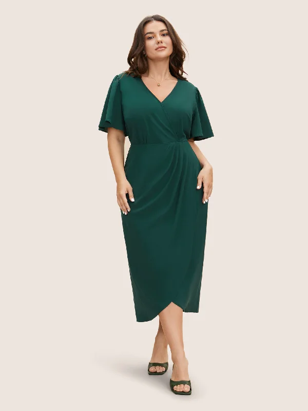 Solid Pleated Ruffle Sleeve Wrap Hem Dress Women's Street Style Casual Wear