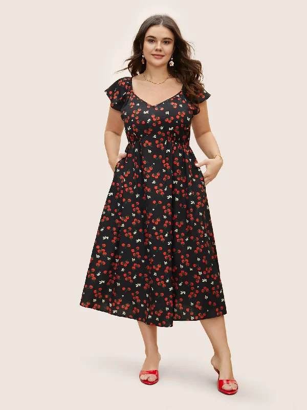 Tomato Print Heart Neckline Ruffle Cap Sleeve Dress Women's Holiday Outfit