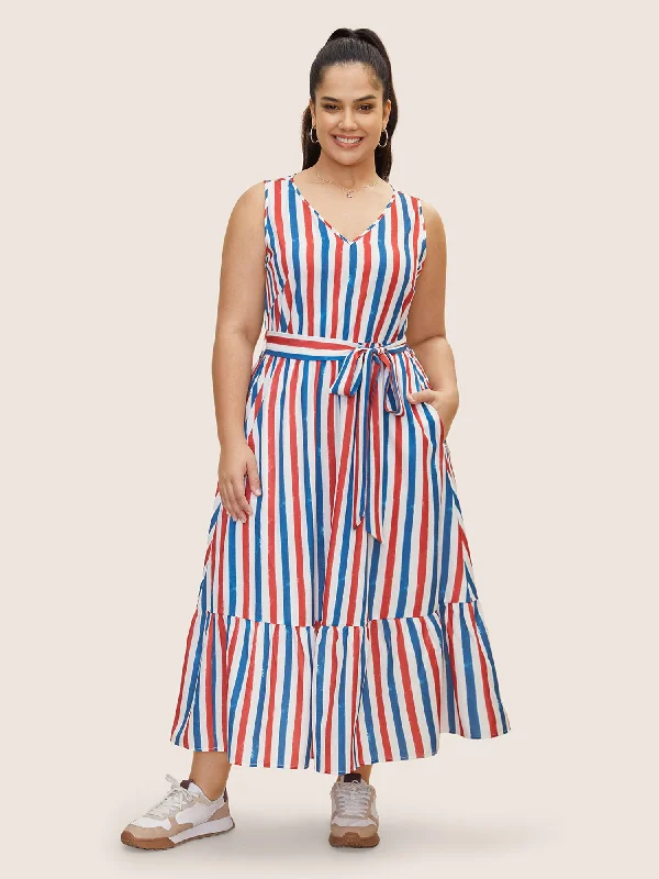 V Neck Contrast Striped Tank Dress Bold and Elegant Women's Fashion