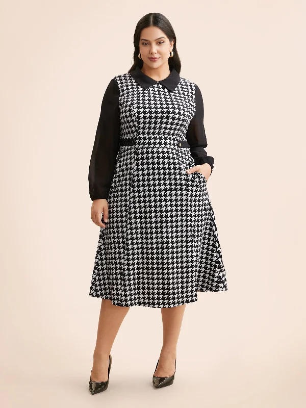 Houndstooth Contrast Patchwork Pocket Dress High-Quality Women's Fashion Dresses