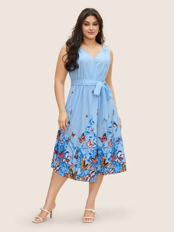 Butterfly Print Wrap Gathered Tank Dress Easygoing Women's Style