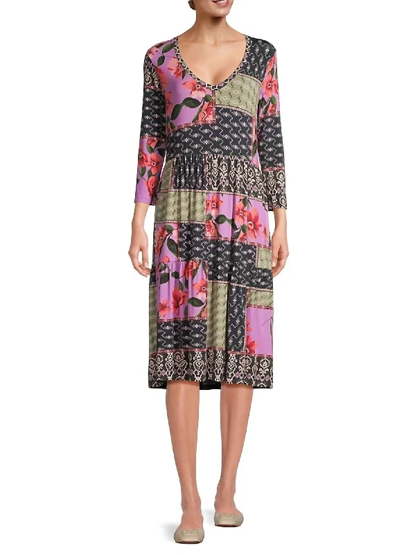 Zanda 3/4 Sleeve Tiered Tea Length Dress In Multi Clothing Woman