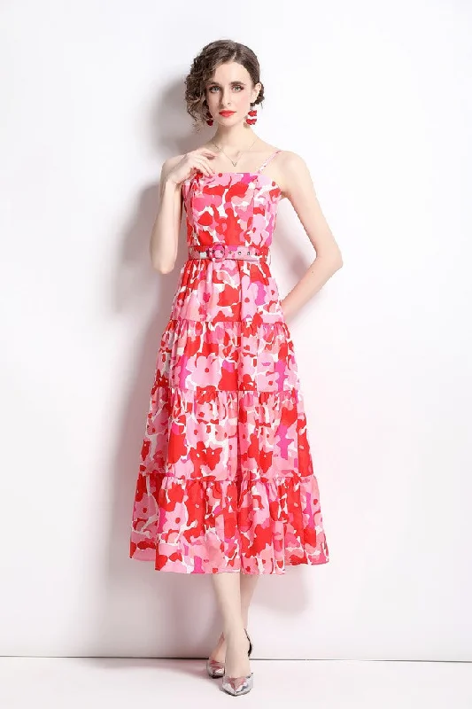 Red & Pink Day A-line Maxi Strap Printed Dress Online Clothing Boutiques