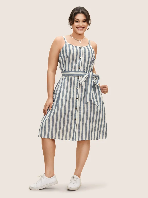 Striped Button Detail Belted Cami Dress Women's Casual and Dressy Outfits