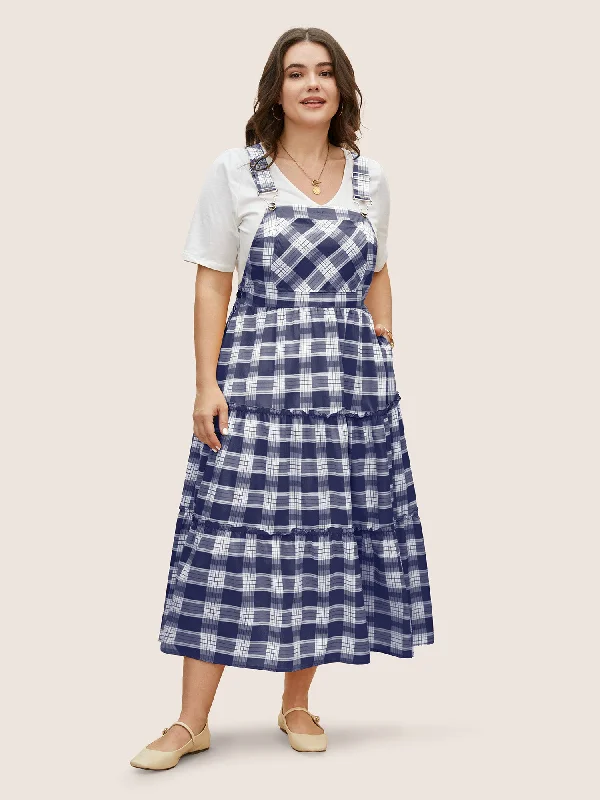 Plaid Frill Trim Patchwork Hem Dress Minimalist Women's Fashion Clothing