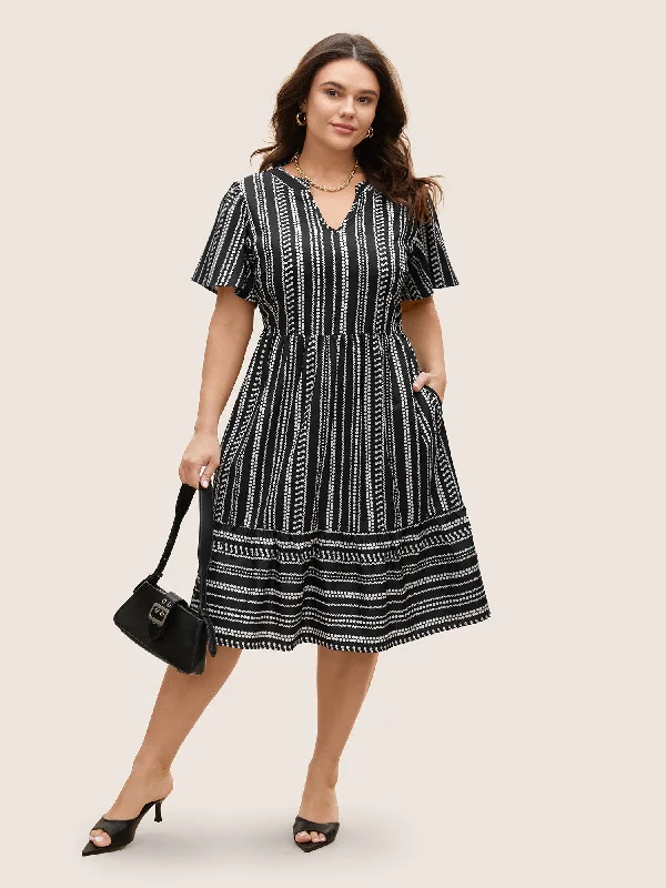 Striped Elastic Waist Ruffle Sleeve Dress Women's Transitional Garments