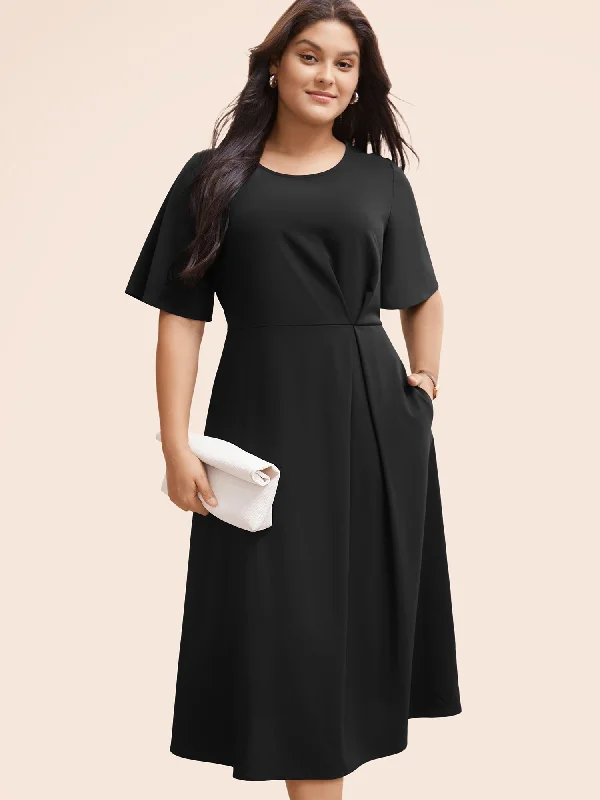 Plain Round Neck Plicated Detail Dress Women's Clothes And Apparel