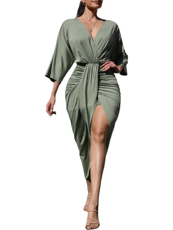 V-Neck Ruched Dress In Sage Green Women's Sporty Clothes